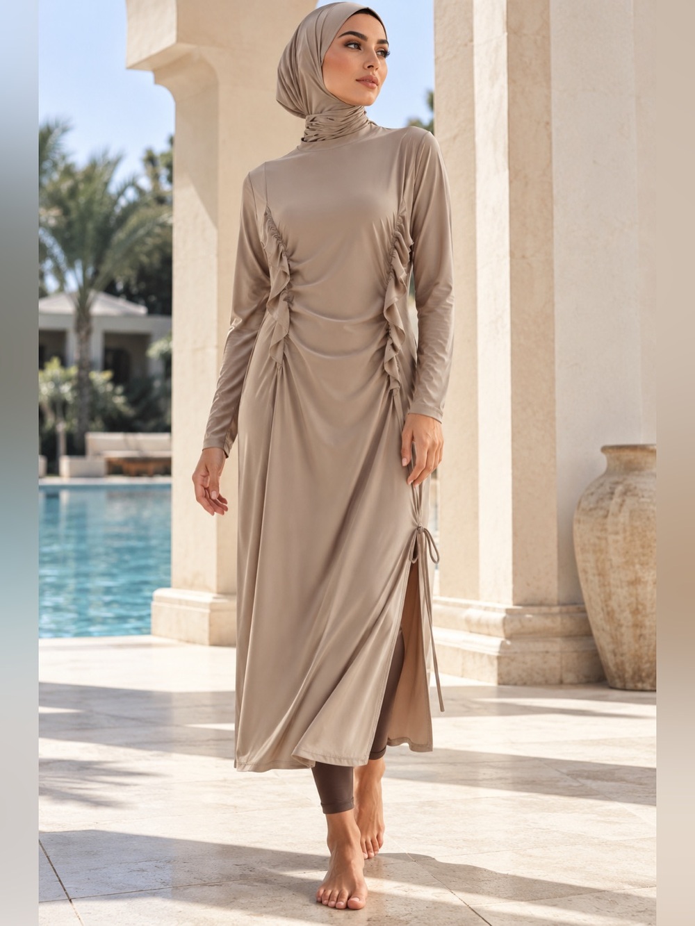 3-Piece Burkini Set – Long Swim Dress, Leggings & Hijab – Approx. L